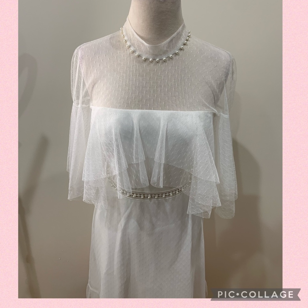 Aidan mattox white pearl tiered mesh midi dress - Picture 5 of 10